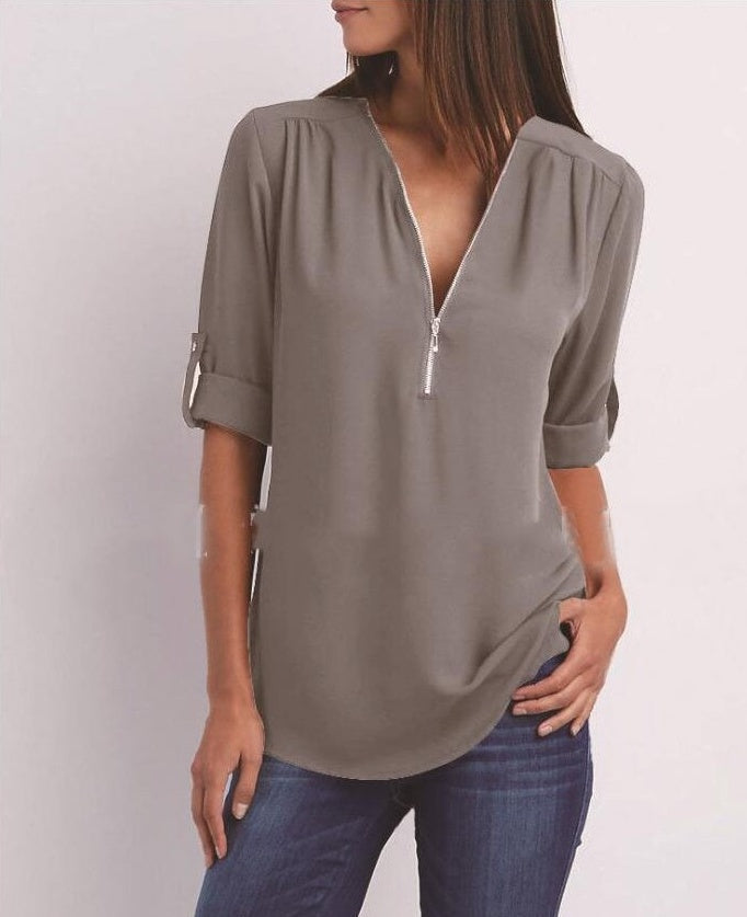 Nerida Top | Women's Autumn Zip V-Neck Loose Top