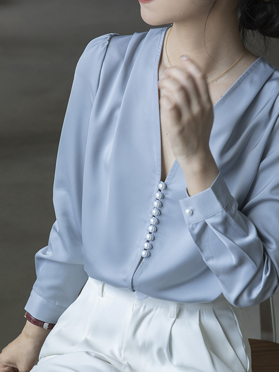 Judith Blouse | Elegant French V-Neck Button Blouse