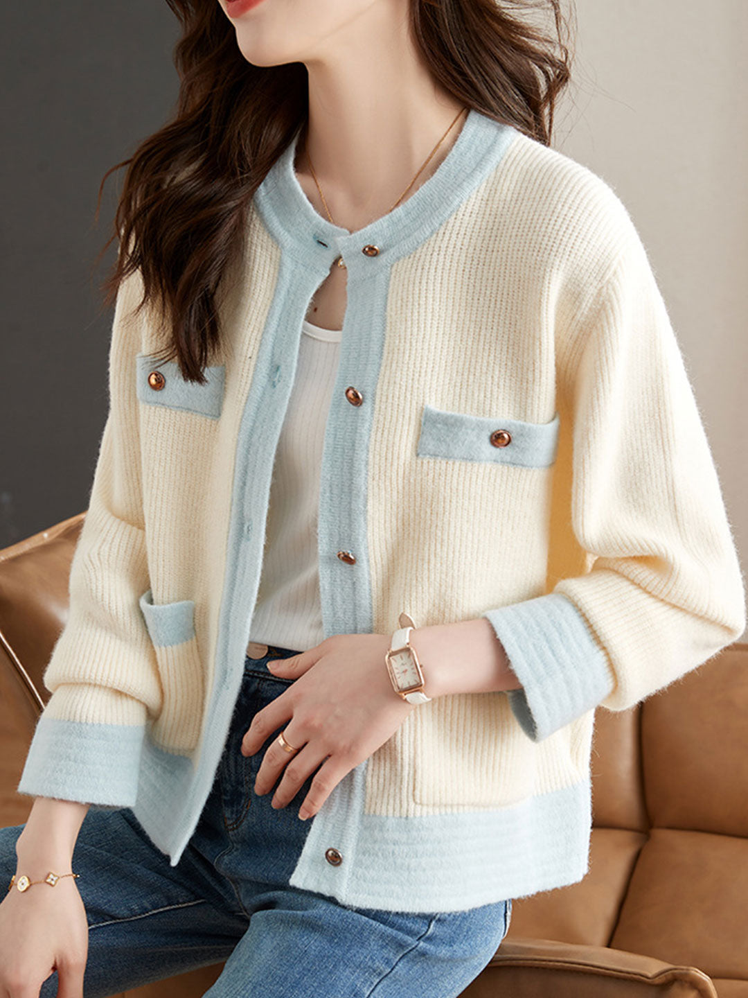 Iveta Cardigan | Classic Two-Tone Knitted Cardigan