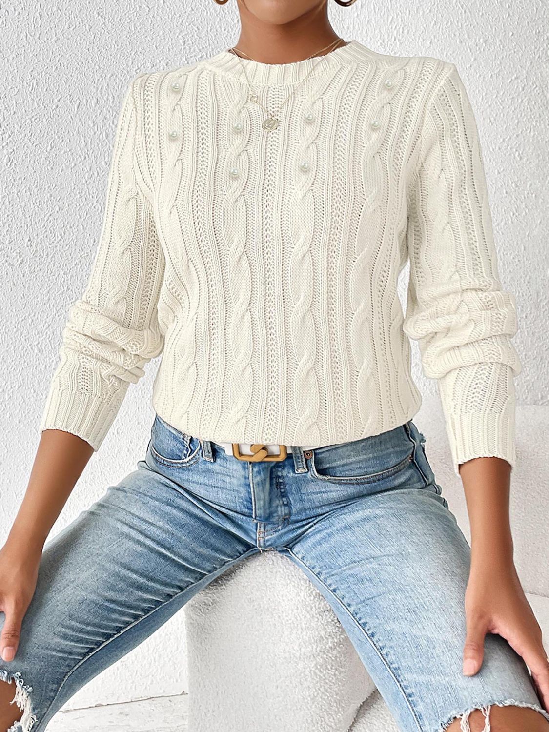 Janessa Women's Warm Knit Sweater | Elegant Weave & Pearl Details