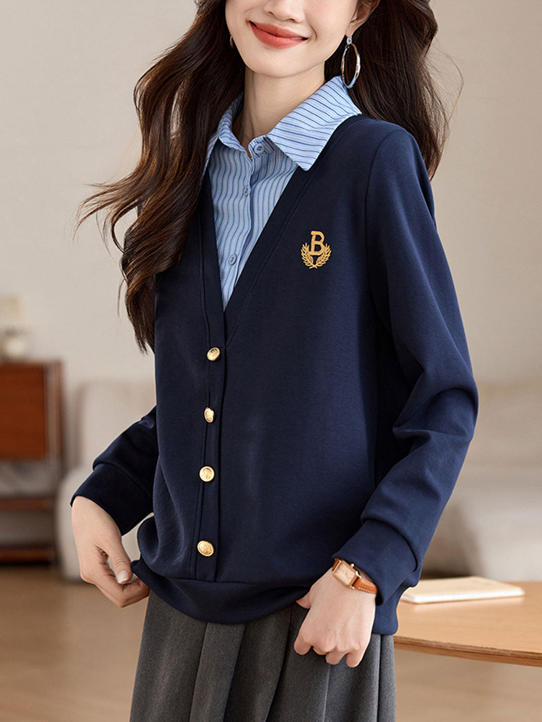 Ishara Sweatshirt | Preppy Button-Up Sweatshirt with Shirt Collar Detail