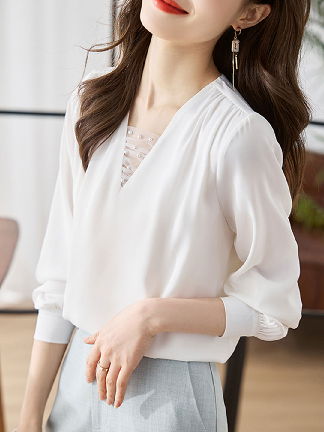 Jillian Blouse | Classic V-Neck Satin Blouse with Pearl Detail