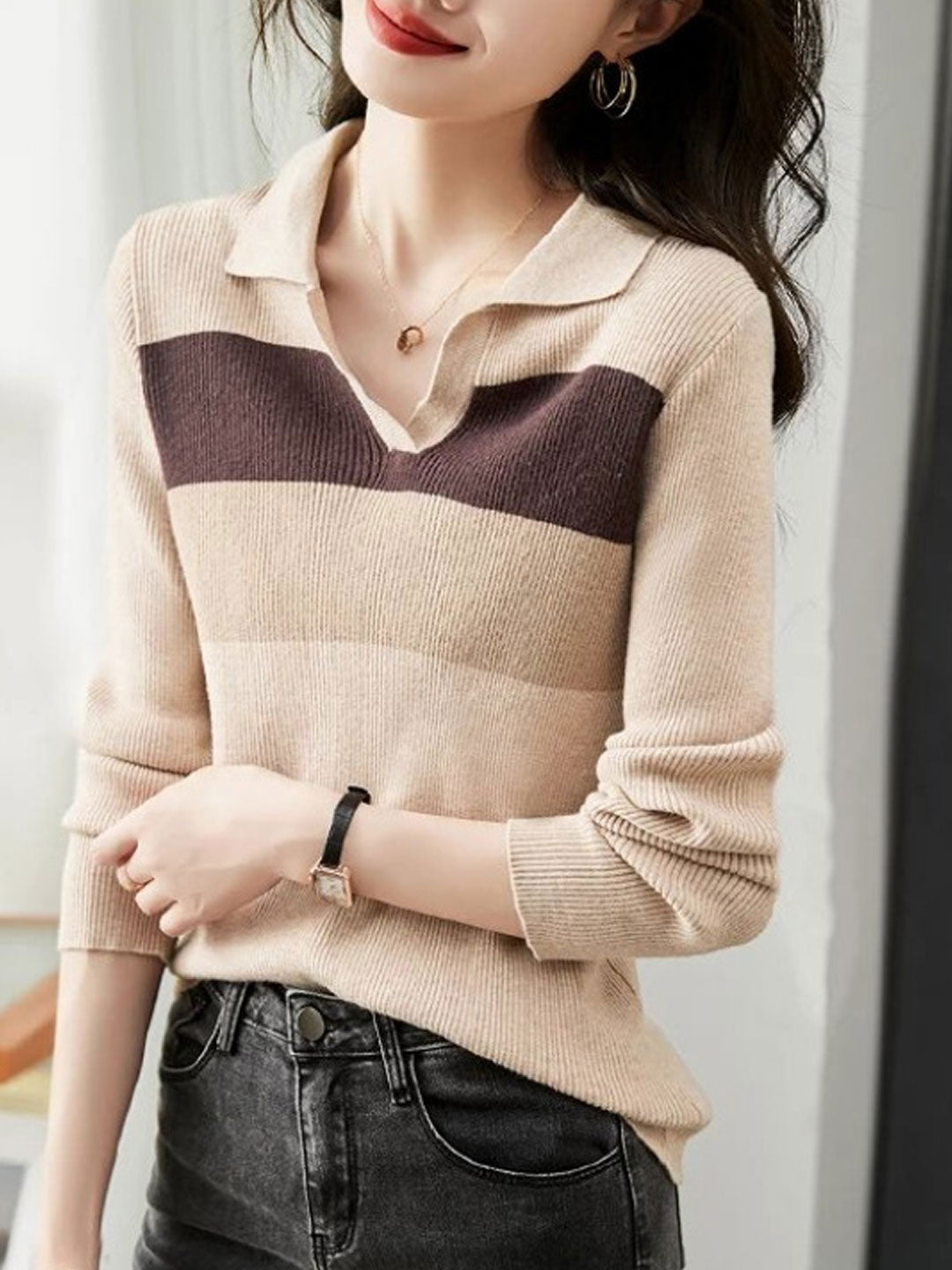 Joan Top | Classic Contrast Collar Knit Pullover