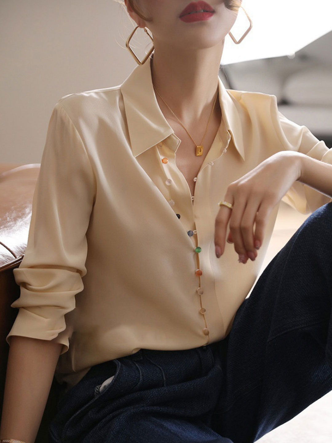 Jaylene Women's Vintage Lapel Shirt | Classic Solid Color