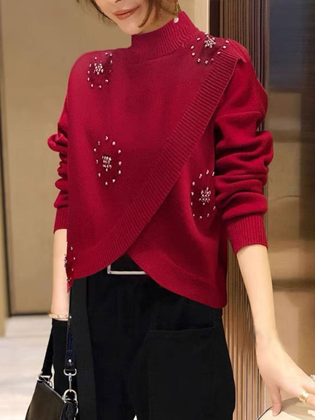 Janelle Sweater | Elegant Studded Cross-Over Turtleneck Sweater