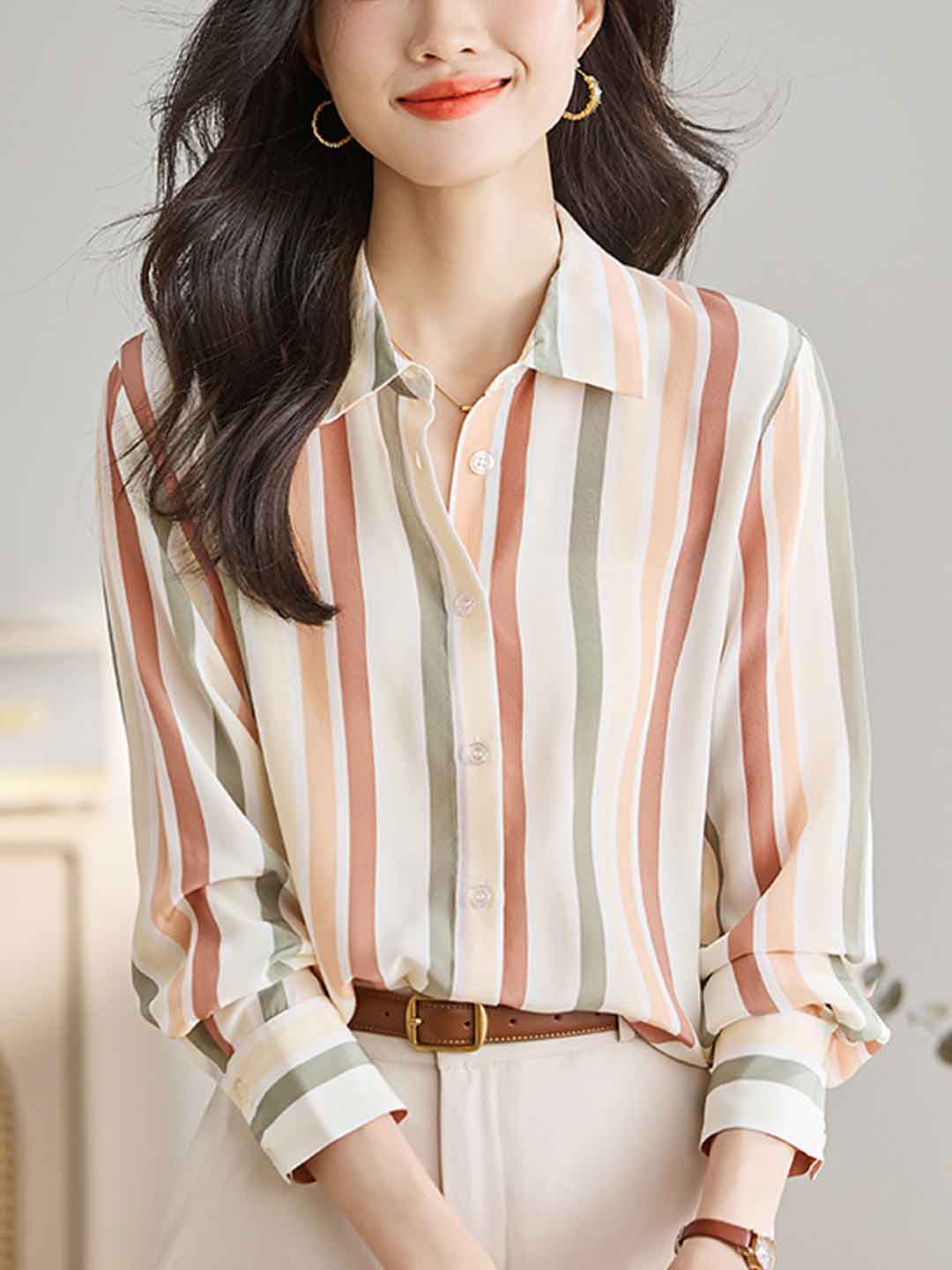 Jovanka  Women's Vintage V-Neck Striped Shirt | Casual & Stylish