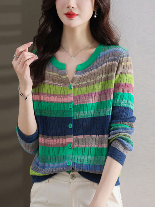 Jalene Women's Striped Knitted Cardigan | Classic Crew Neck Style