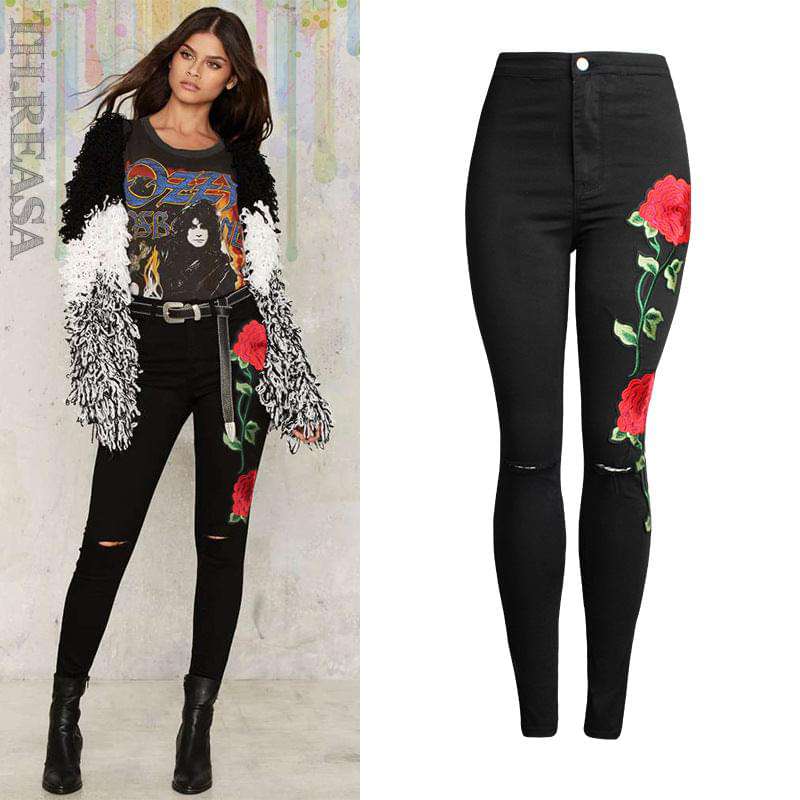 Lorey Jeans | Women's 3D Embroidered Rose Skinny Jeans