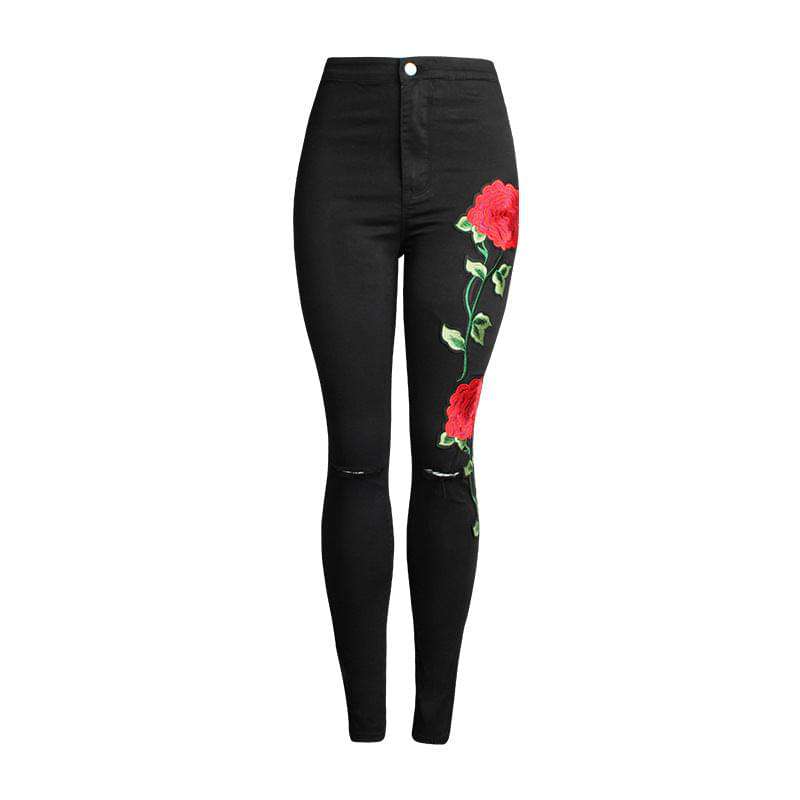 Lorey Jeans | Women's 3D Embroidered Rose Skinny Jeans