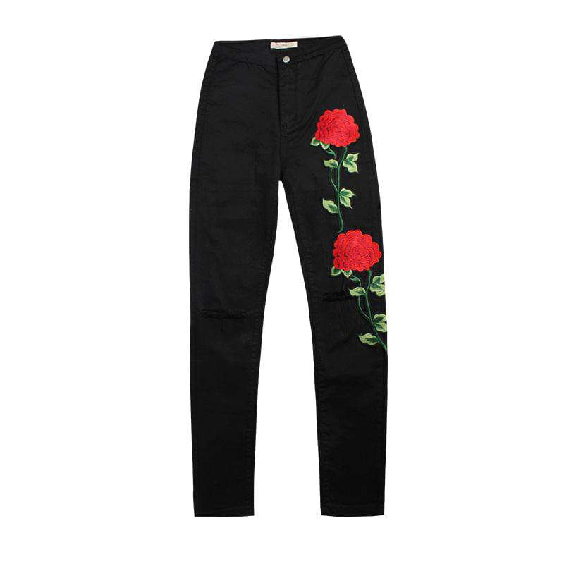 Lorey Jeans | Women's 3D Embroidered Rose Skinny Jeans