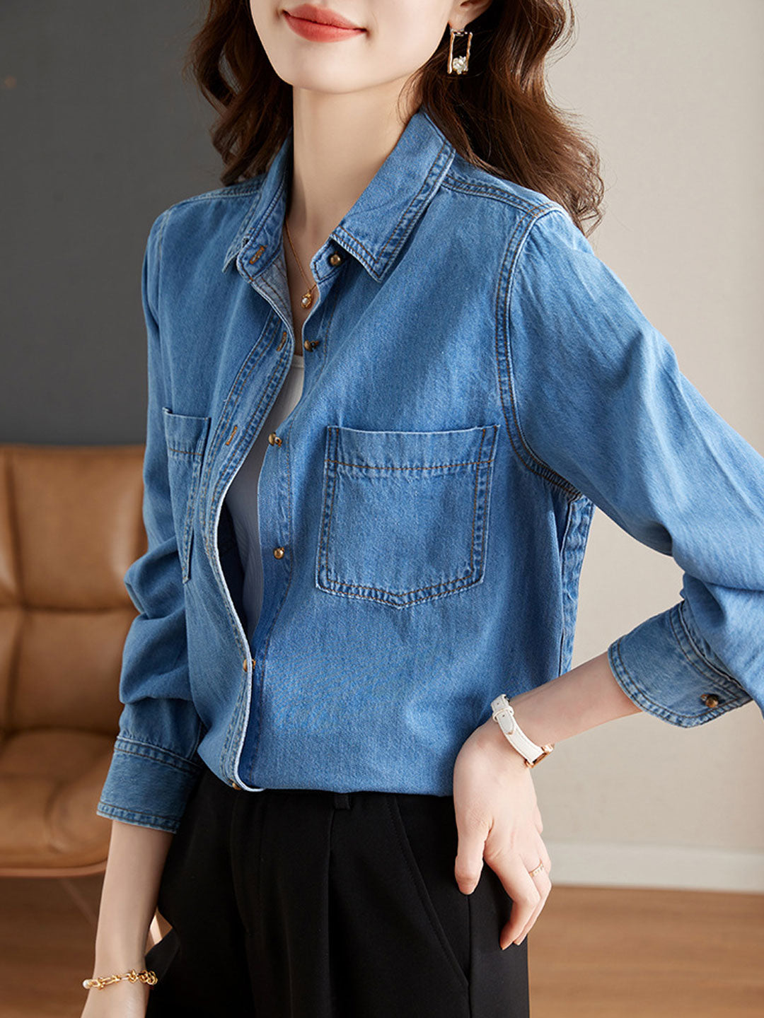 Jayda Shirt | Casual Lapel Button-Up Denim Shirt