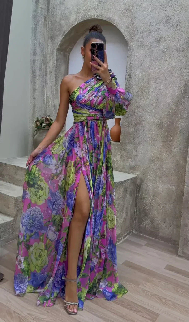 Yakira One Shoulder Dress | Women’s Floral One-Shoulder Dress with Flowy Skirt