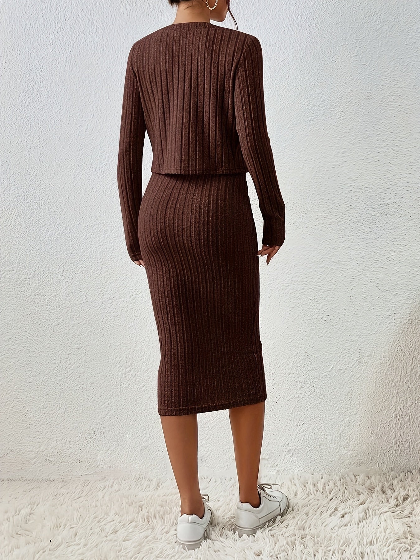 Jayden Two-Piece Set | Elegant Ribbed Knit Dress with Cardigan