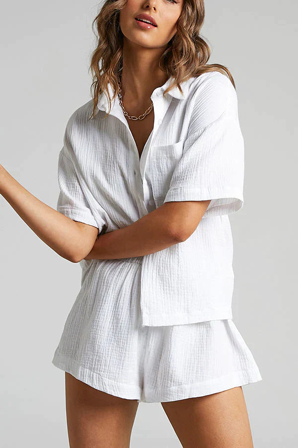 Belinda Set | Women’s Summer Set with Plain Short Sleeve Shirt and Matching Shorts