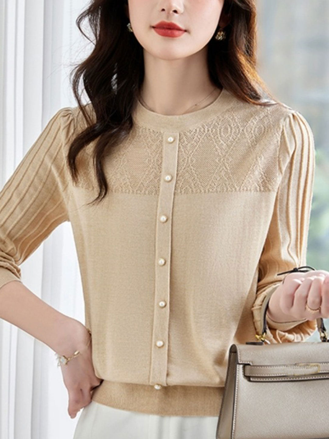 Irina Top | Elegant Lace Knit Blouse with Pleated Puff Sleeves