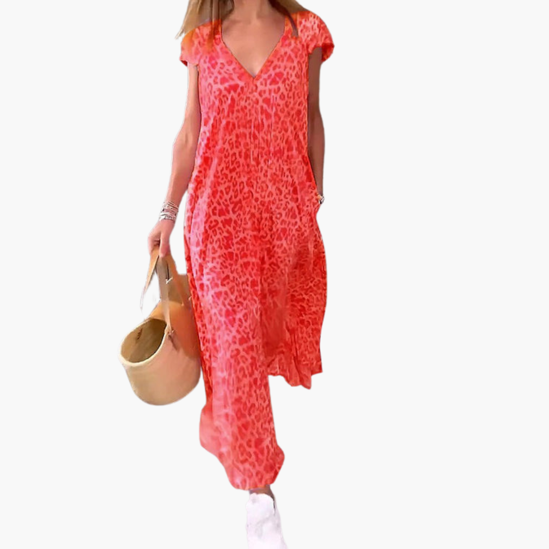 Amelia Midi Dress | Women’s Leopard Print V-Neck Midi Dress with Loose Fit