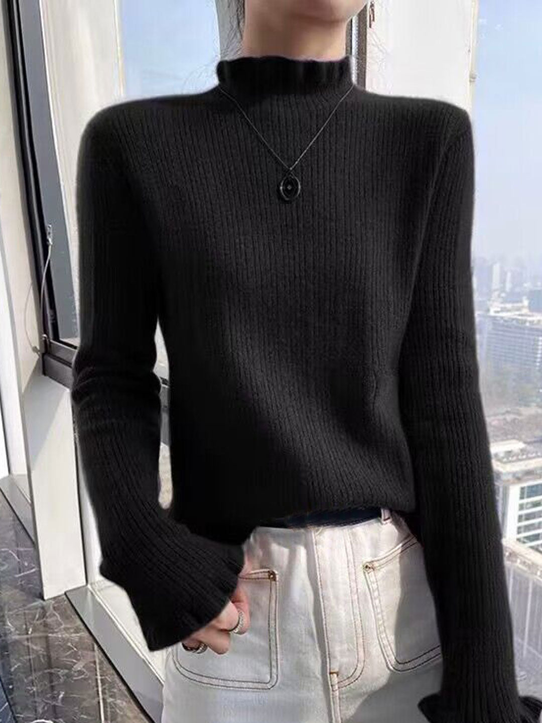 Iria Sweater | Soft Ribbed Mock Neck Sweater with Flared Cuffs