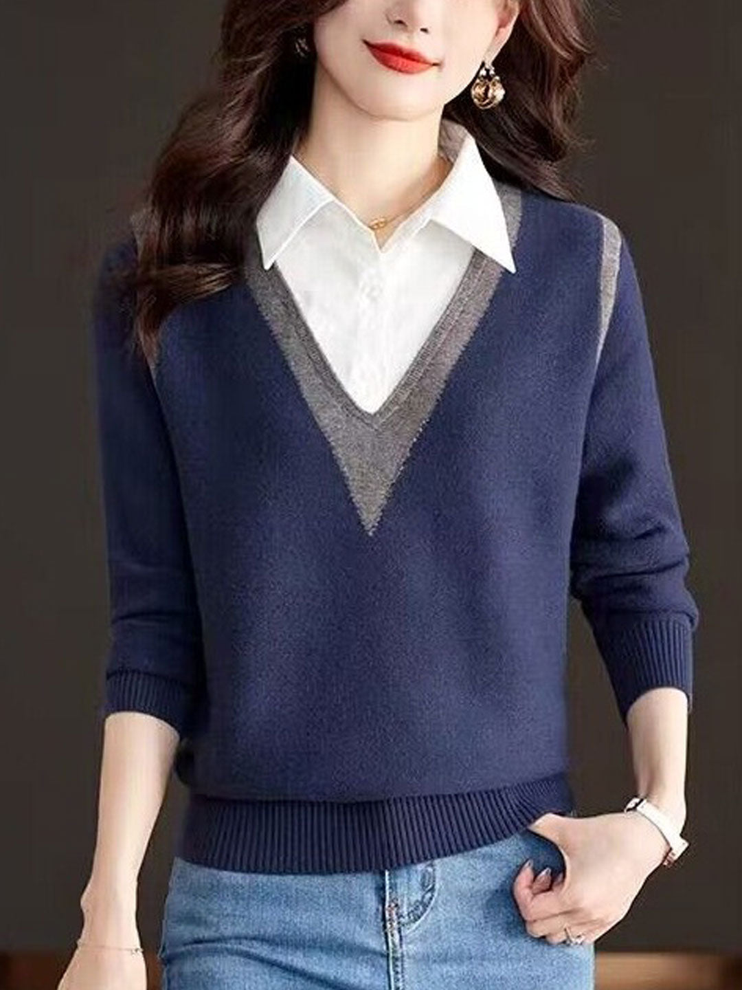 Jemma Sweater | Casual V-Neck Contrast Collar Sweater