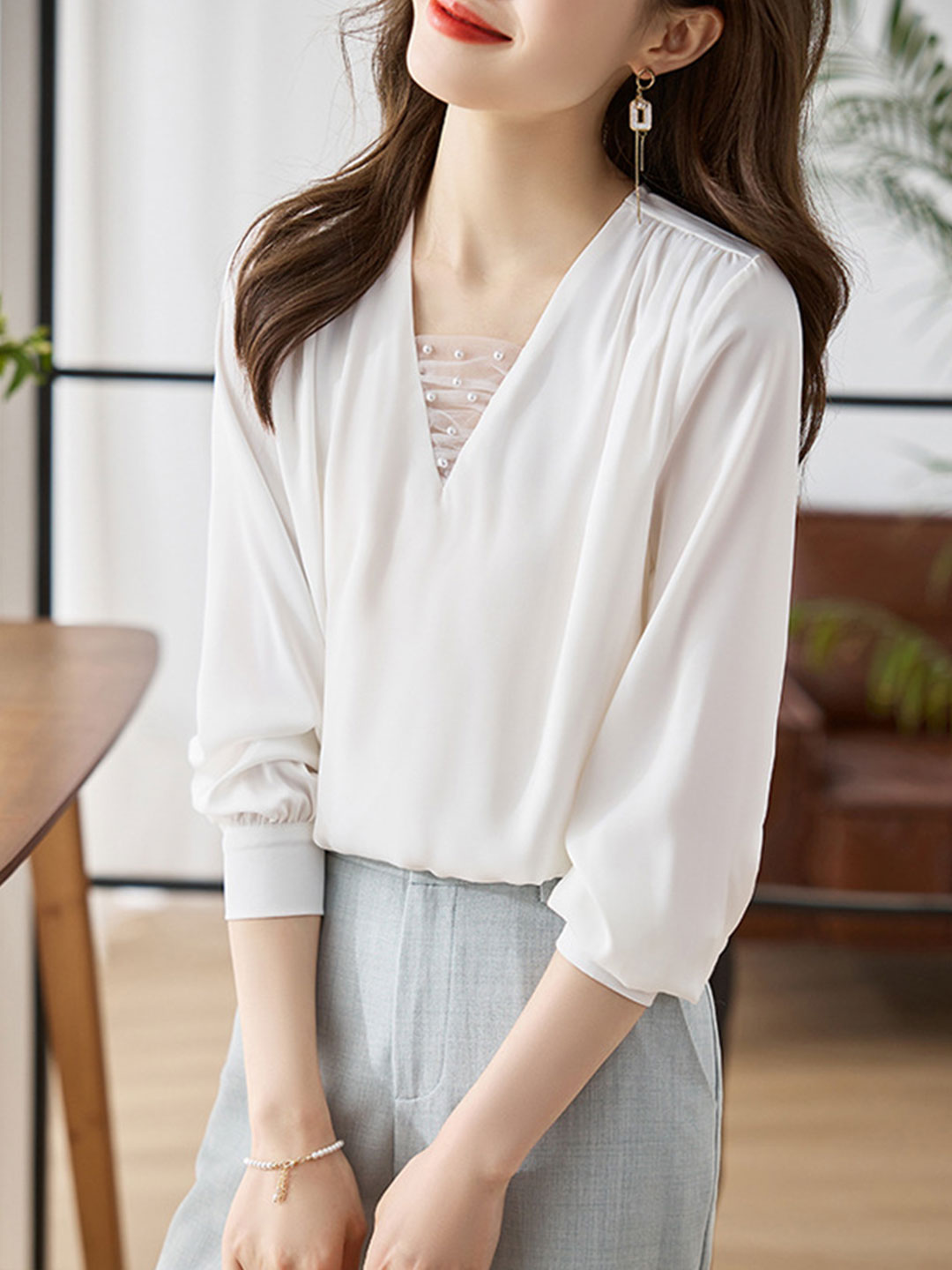 Jillian Blouse | Classic V-Neck Satin Blouse with Pearl Detail