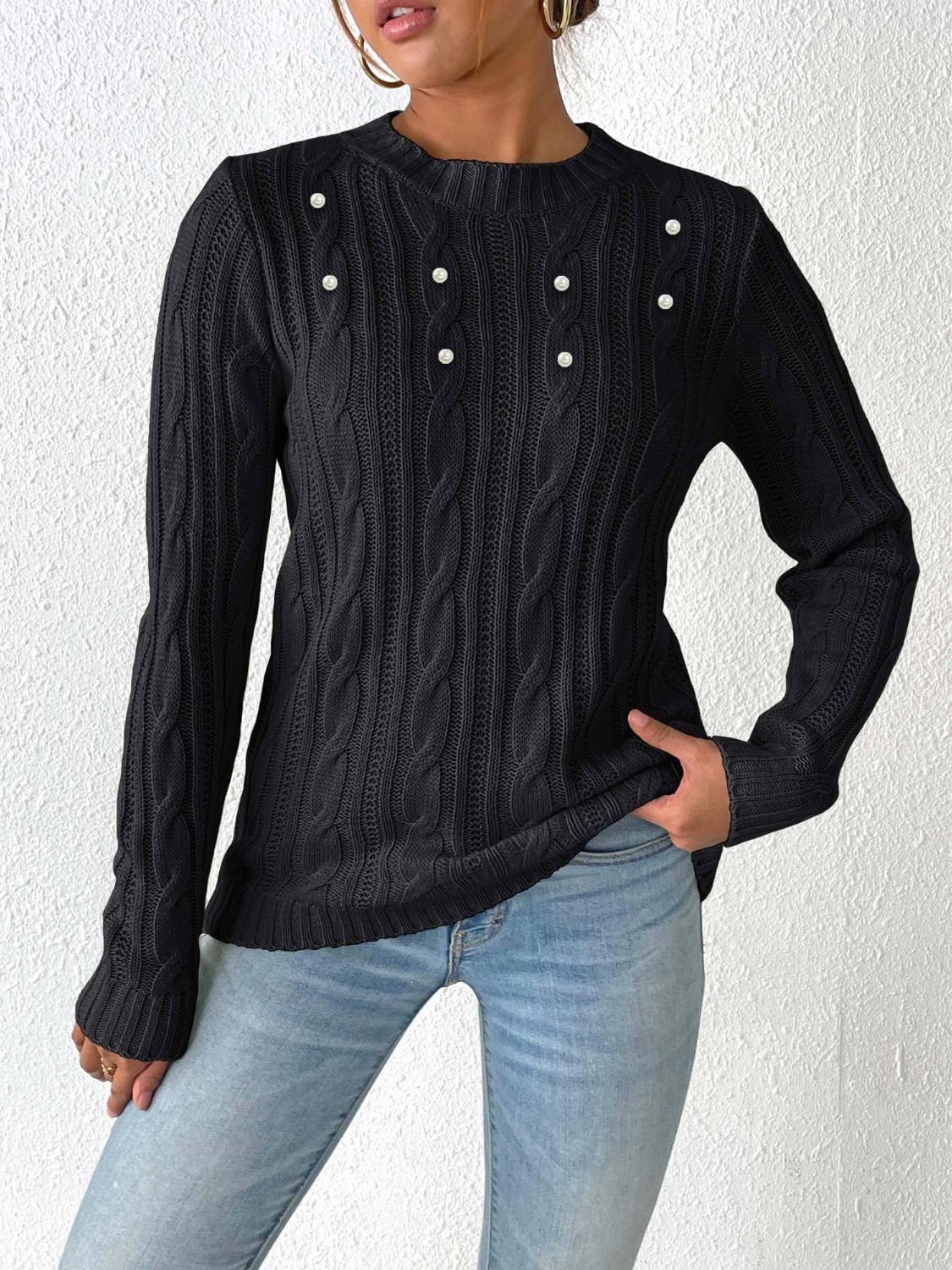 Janessa Women's Warm Knit Sweater | Elegant Weave & Pearl Details