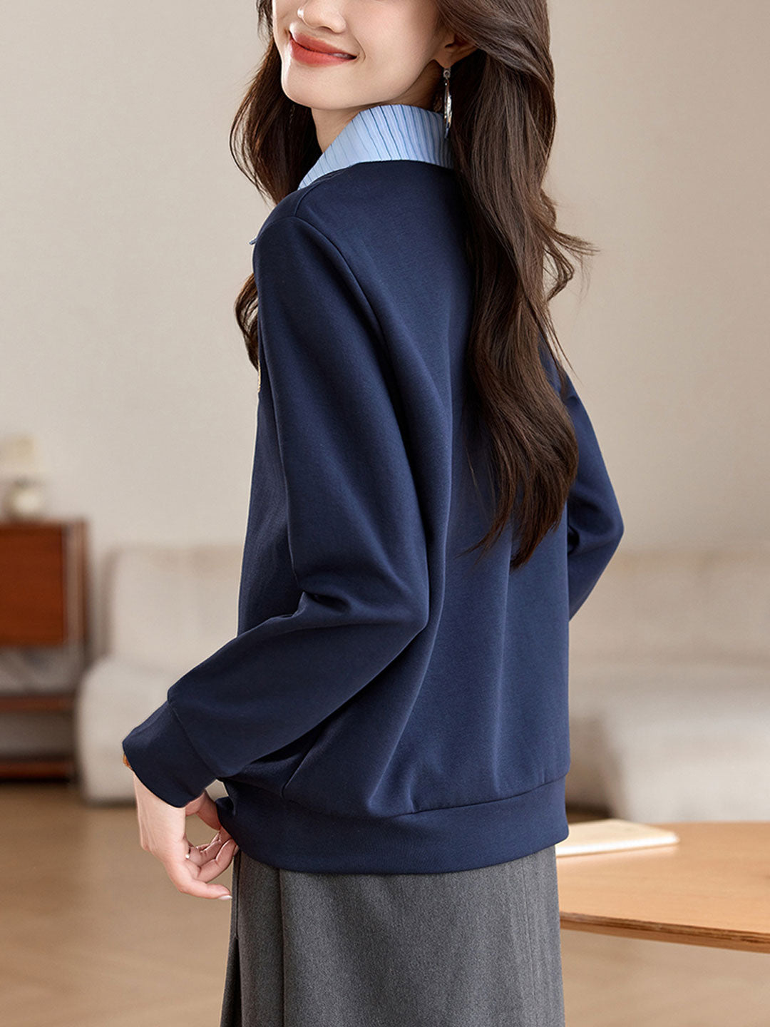 Ishara Sweatshirt | Preppy Button-Up Sweatshirt with Shirt Collar Detail