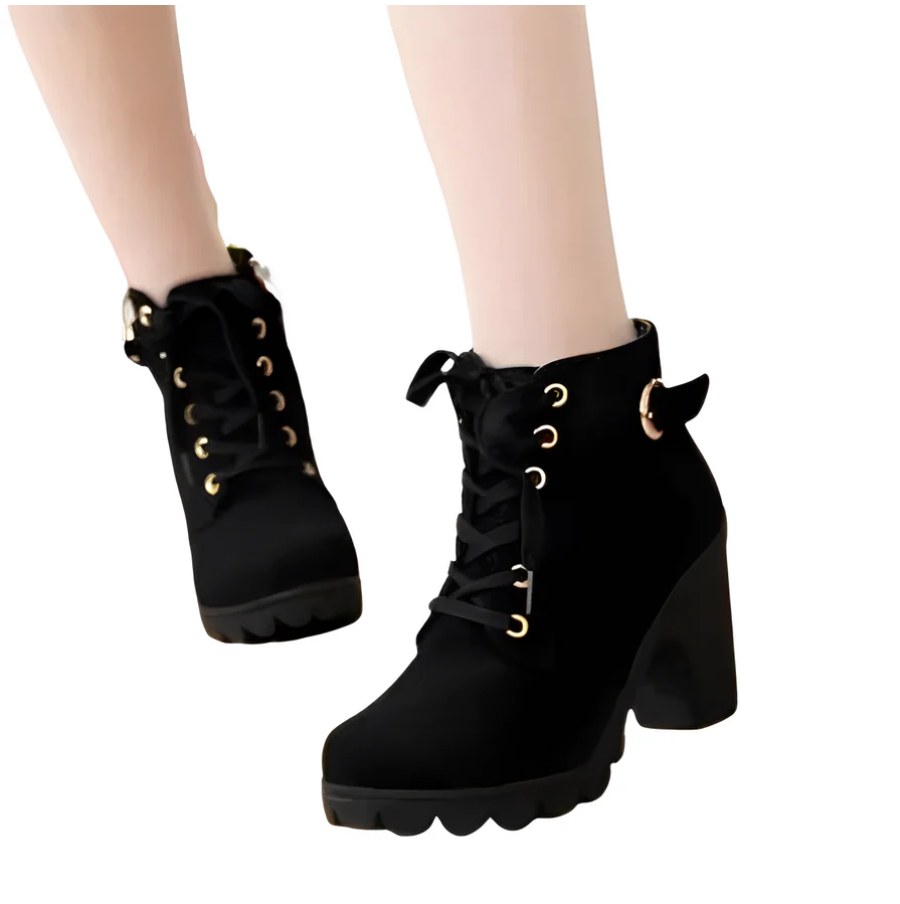 Fina High-Heeled Lace-Up Ankle Boots | Zenique Block Heel with Zipper & Thick Sole