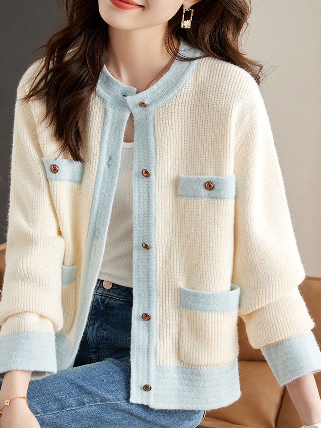 Iveta Cardigan | Classic Two-Tone Knitted Cardigan