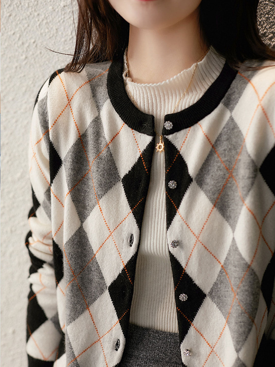 Ilysse Cardigan | Retro Diamond Pattern Knit Cardigan