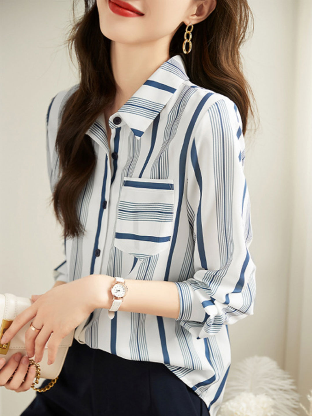 Jacoba Classic Striped Shirt | Lapel Collar Design