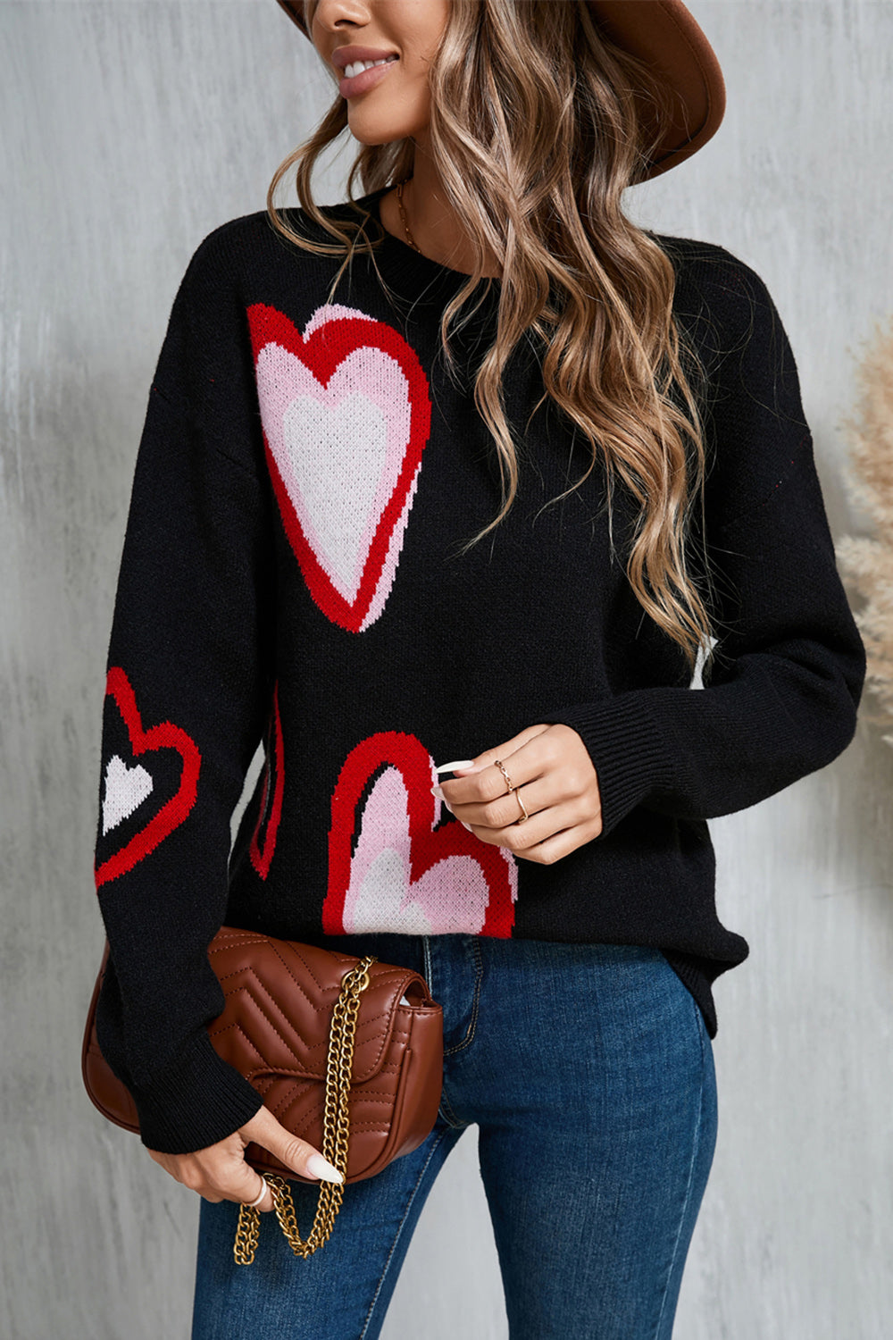 Fayruz Sweater | Heart Print Round Neck Sweater