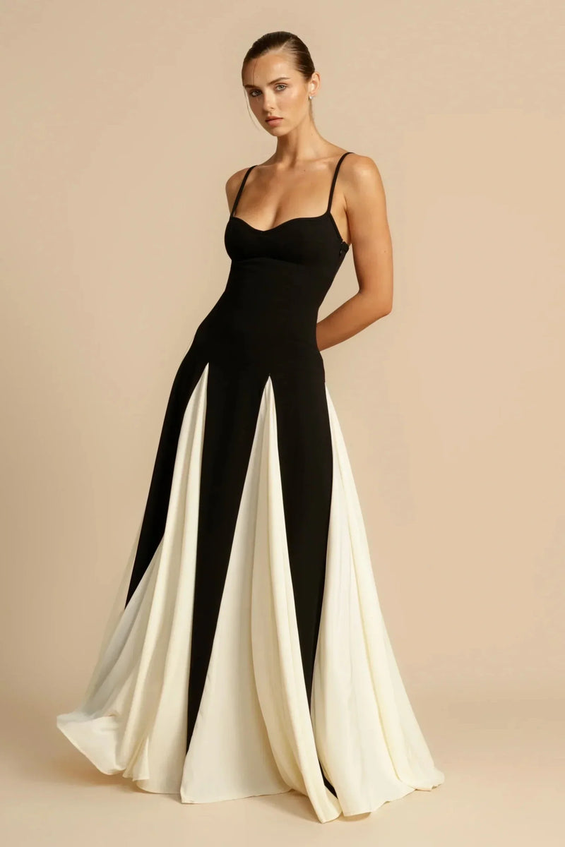 Ignacia Dress | Two-Tone Black & White Maxi Dress