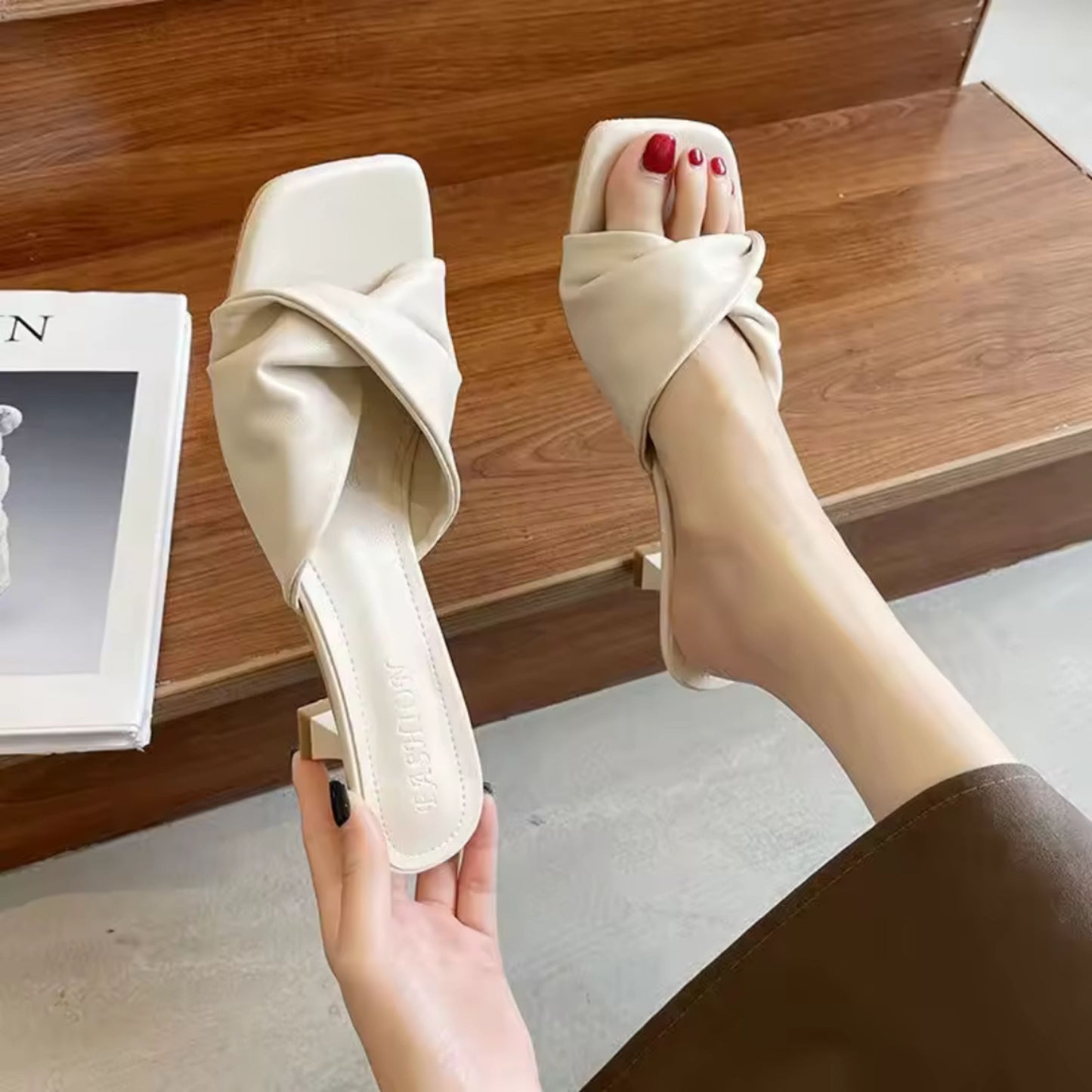Cindra Heeled Sandals | Nude Twist Strap Slip-On Kitten Heels for Women