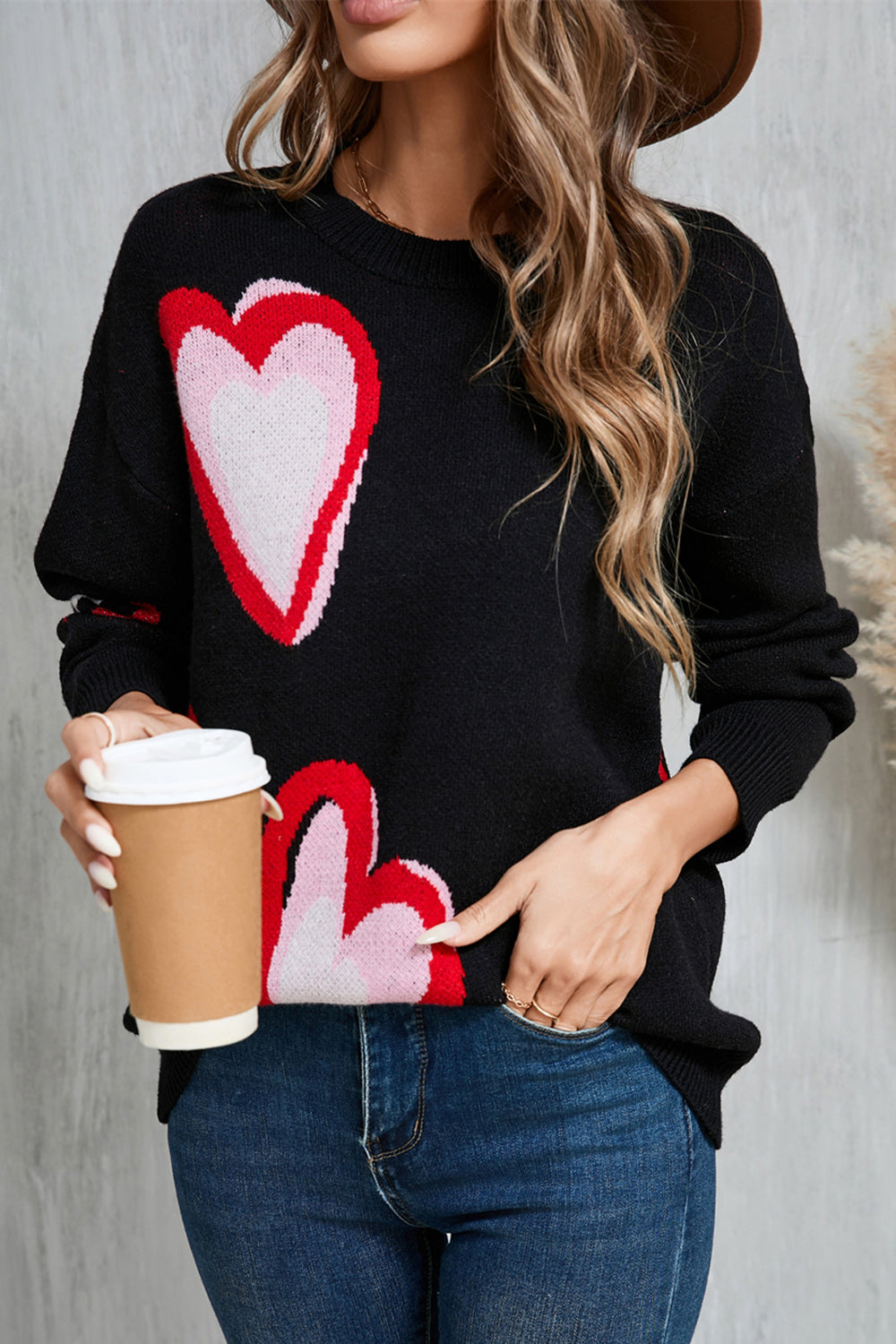 Fayruz Sweater | Heart Print Round Neck Sweater