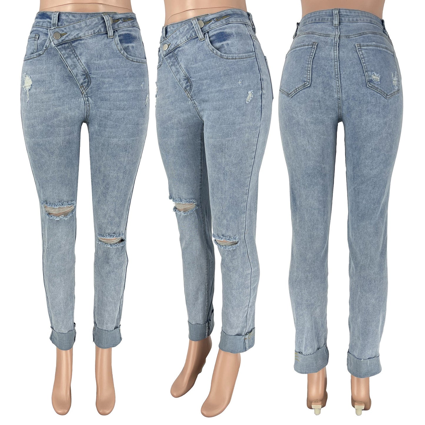 Ilene  Jeans | Women’s Ripped Diagonal Buckle Stretch Jeans