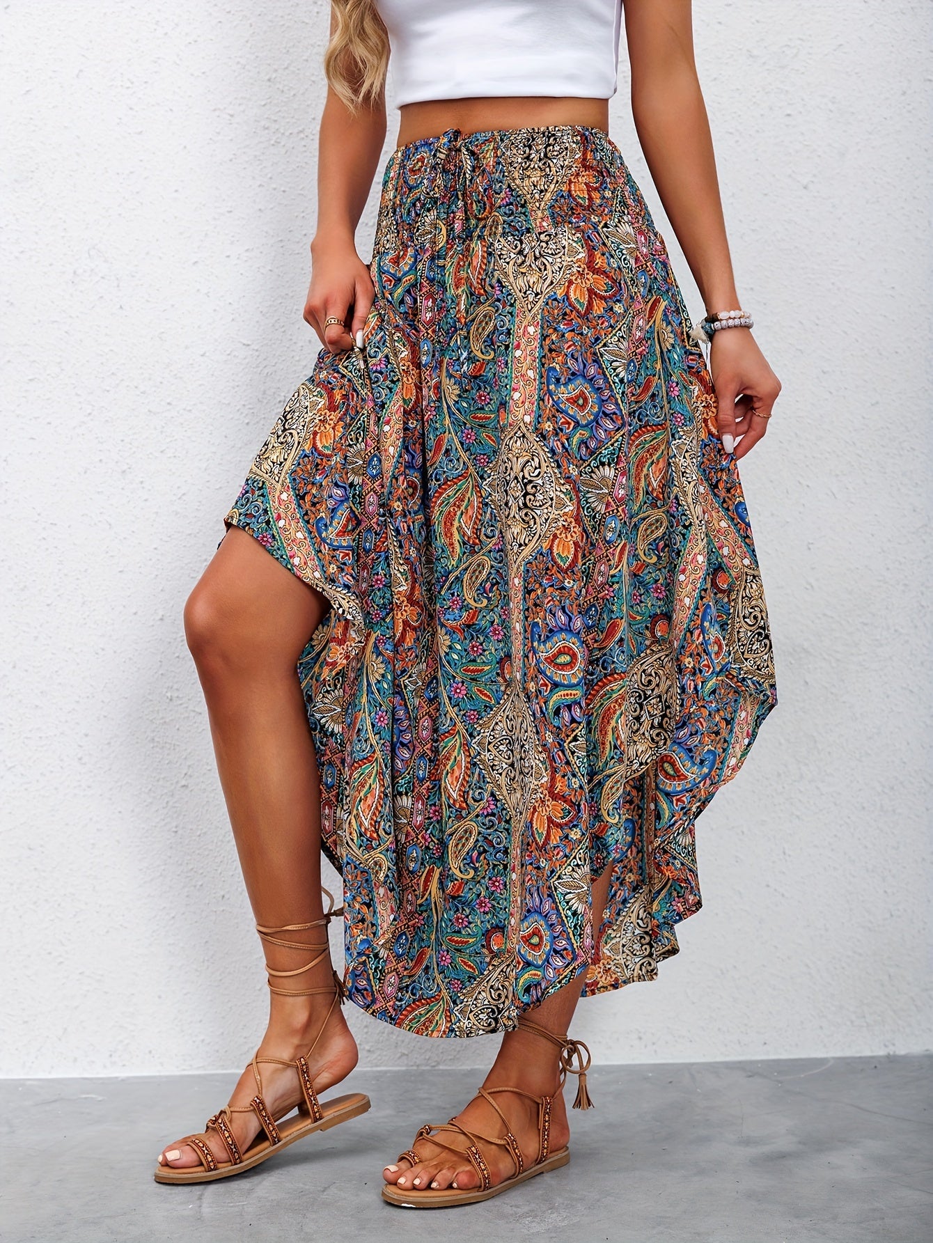 Baenya Paisley Skirt | High-Waist Lace-Up Flowy Skirt