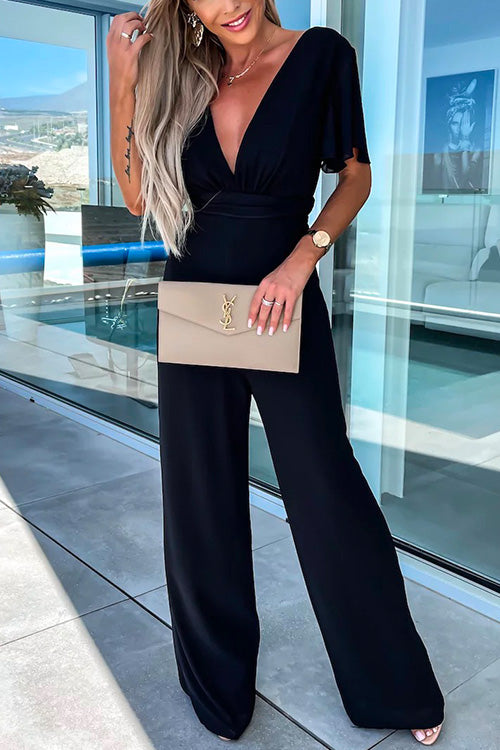Fronella Jumpsuit | Women’s Deep V-Neck Ruffle Jumpsuit with Wide-Leg Fit and Elegant Drape