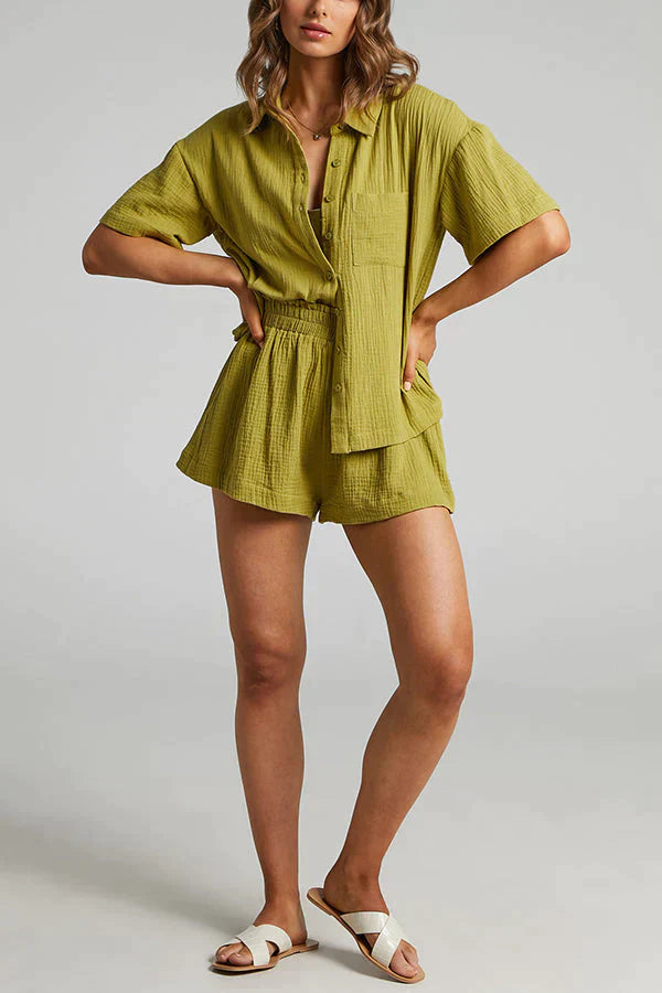 Belinda Set | Women’s Summer Set with Plain Short Sleeve Shirt and Matching Shorts
