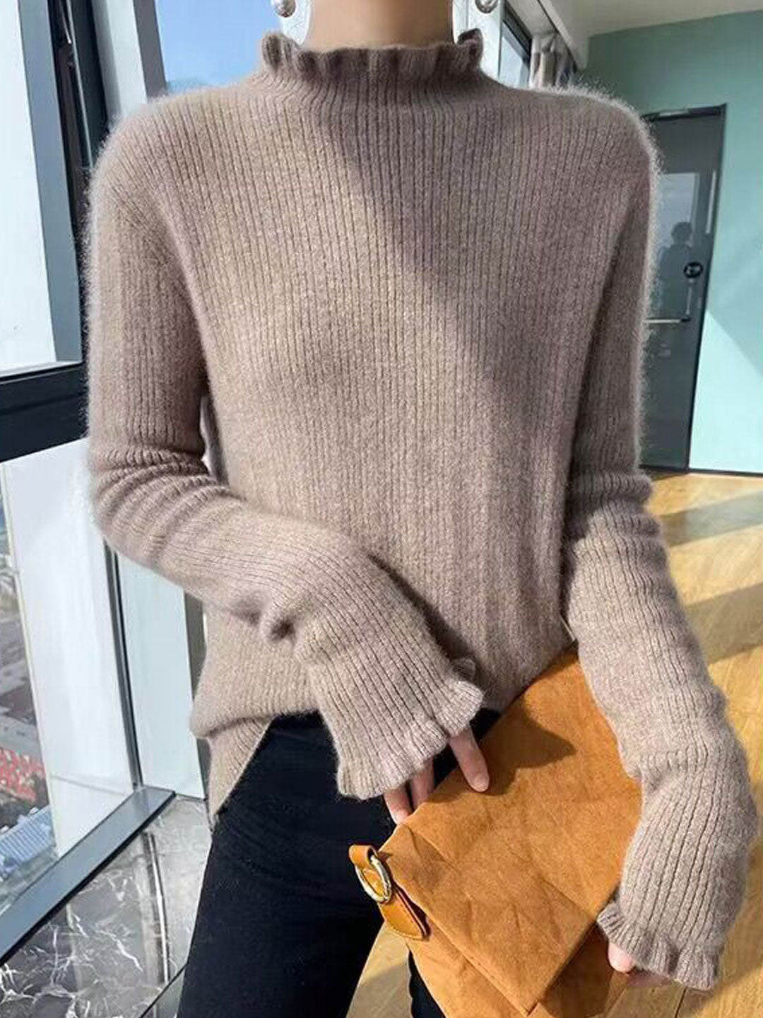 Iria Sweater | Soft Ribbed Mock Neck Sweater with Flared Cuffs