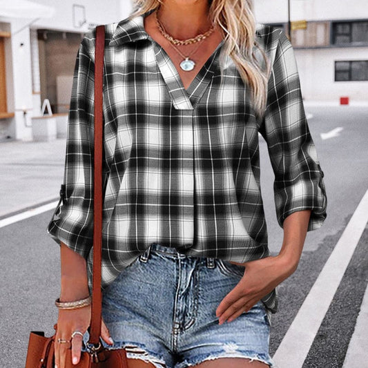 Rhianna Blouse | Women’s Autumn Checked V-Neck Blouse