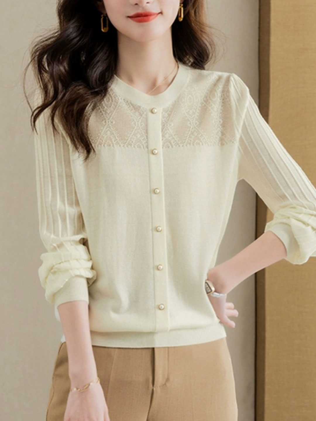 Irina Top | Elegant Lace Knit Blouse with Pleated Puff Sleeves