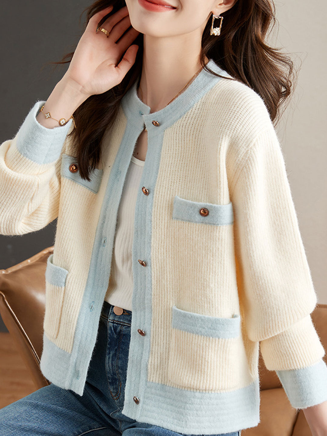 Iveta Cardigan | Classic Two-Tone Knitted Cardigan