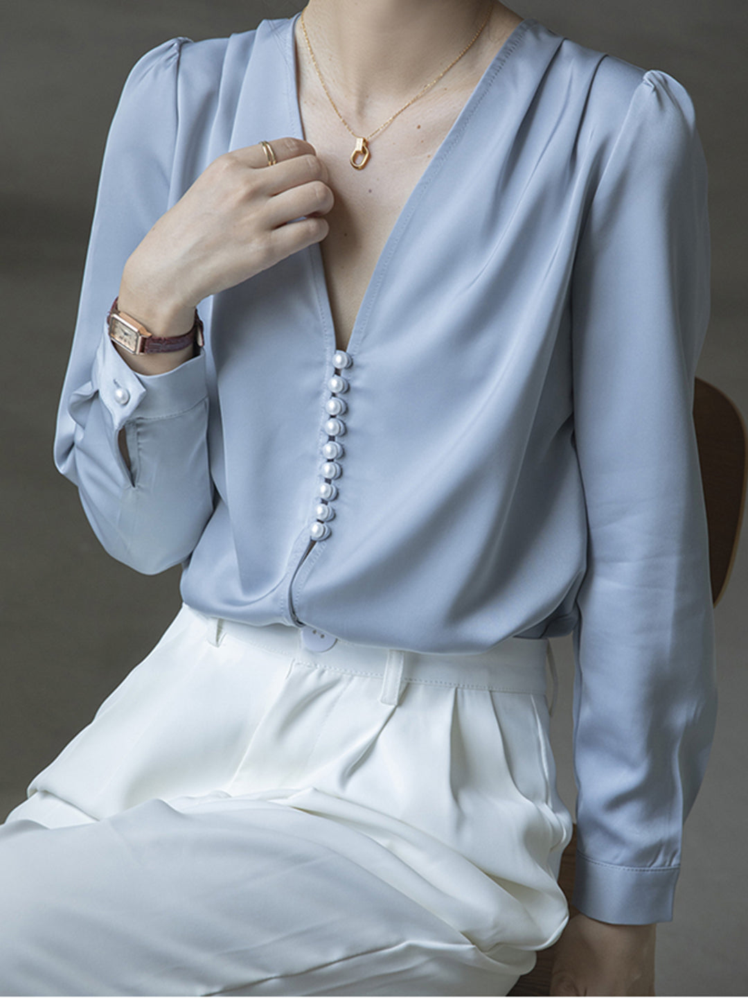 Judith Blouse | Elegant French V-Neck Button Blouse