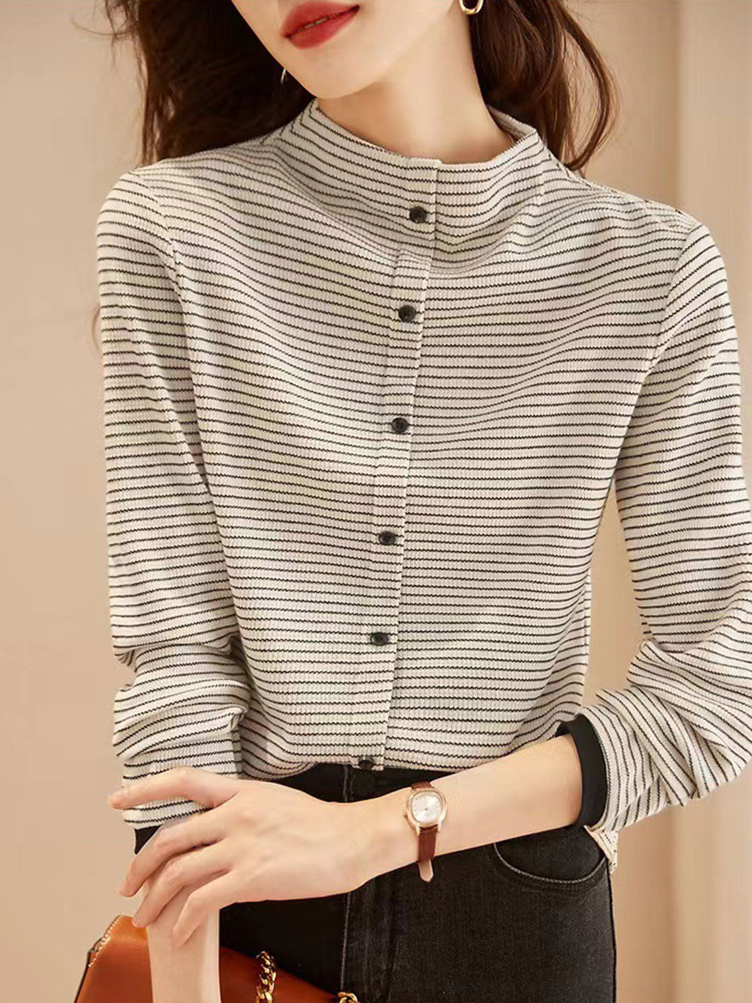 Isabelle Top | Classic Striped Knitted Top with Stand Collar