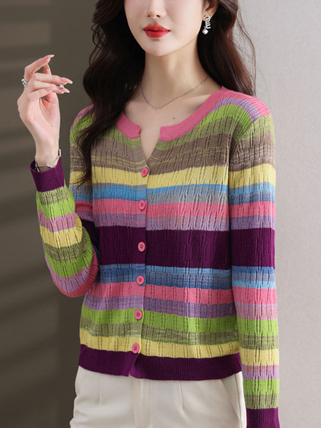 Jalene Women's Striped Knitted Cardigan | Classic Crew Neck Style