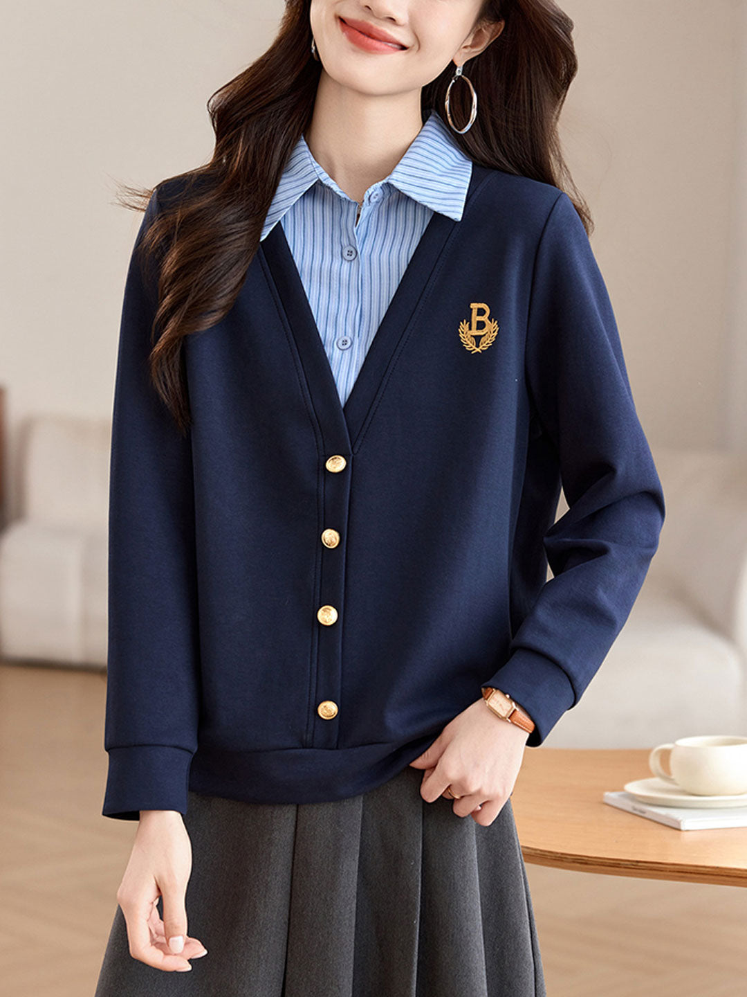 Ishara Sweatshirt | Preppy Button-Up Sweatshirt with Shirt Collar Detail