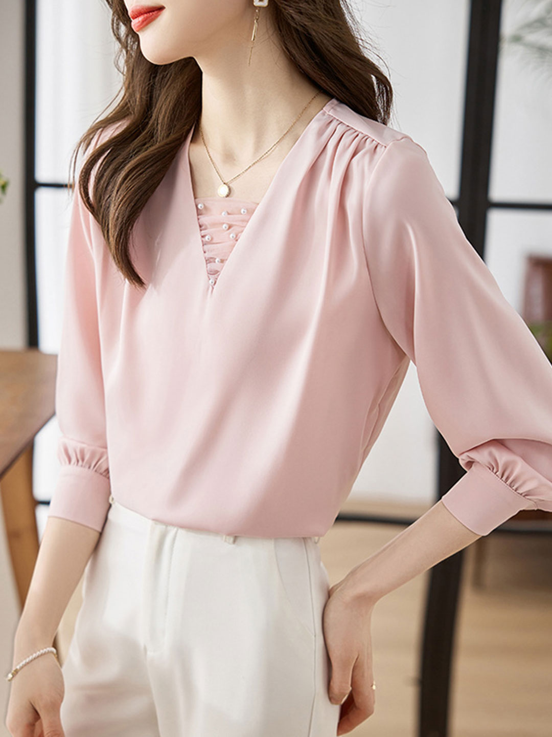 Jillian Blouse | Classic V-Neck Satin Blouse with Pearl Detail