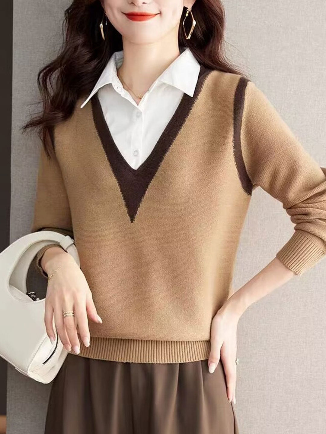 Jemma Sweater | Casual V-Neck Contrast Collar Sweater