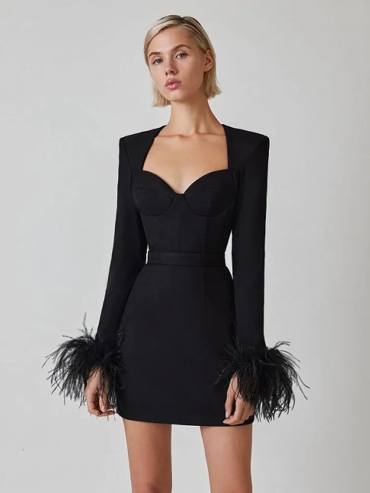 Blair Feather Dress | Women’s Long Sleeve Fitted Dress with Statement Feather Details