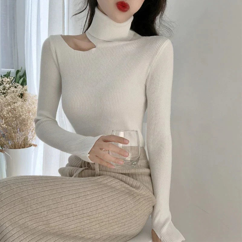 Isabella Sweater | Asymmetric Cut-Out Ribbed Turtleneck Sweater