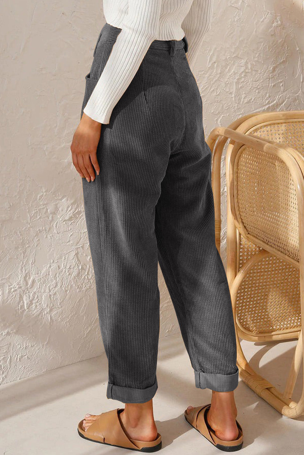 Xena Trousers | Grey Corduroy High Waist Straight Leg Pants